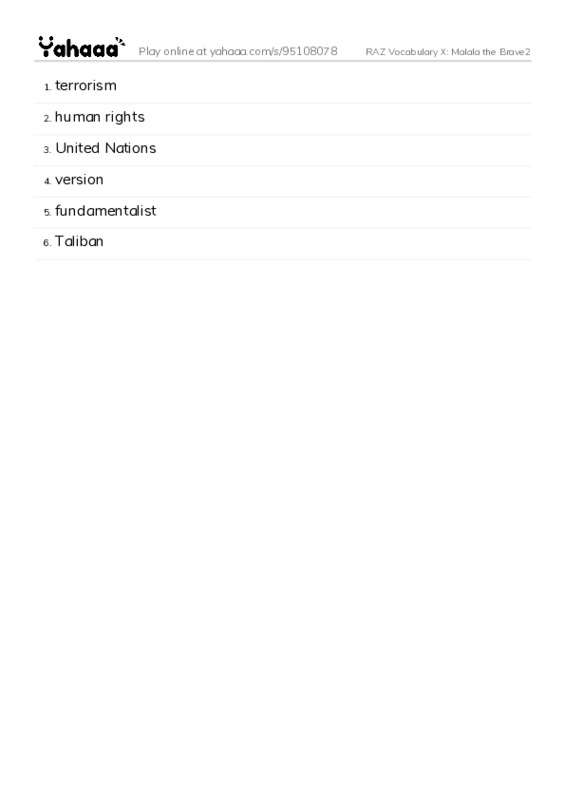 RAZ Vocabulary X: Malala the Brave2 PDF words glossary