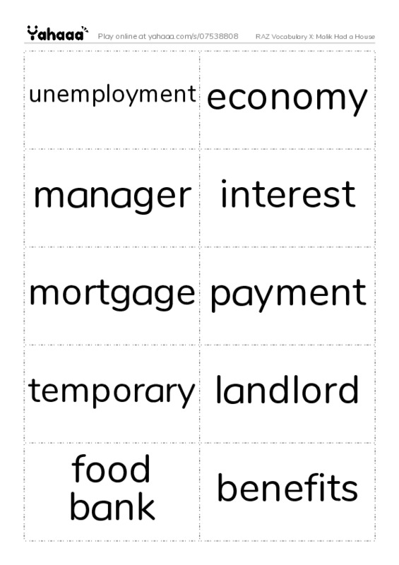 RAZ Vocabulary X: Malik Had a House PDF two columns flashcards