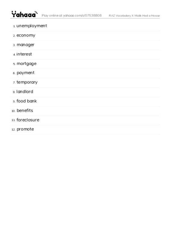 RAZ Vocabulary X: Malik Had a House PDF words glossary