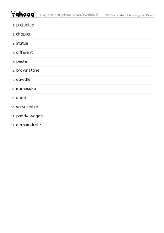 RAZ Vocabulary X: Meeting Mrs Pierce PDF words glossary