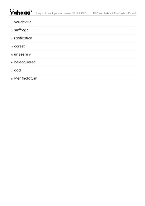RAZ Vocabulary X: Meeting Mrs Pierce2 PDF words glossary