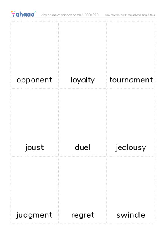 RAZ Vocabulary X: Miguel and King Arthur PDF flaschards with images