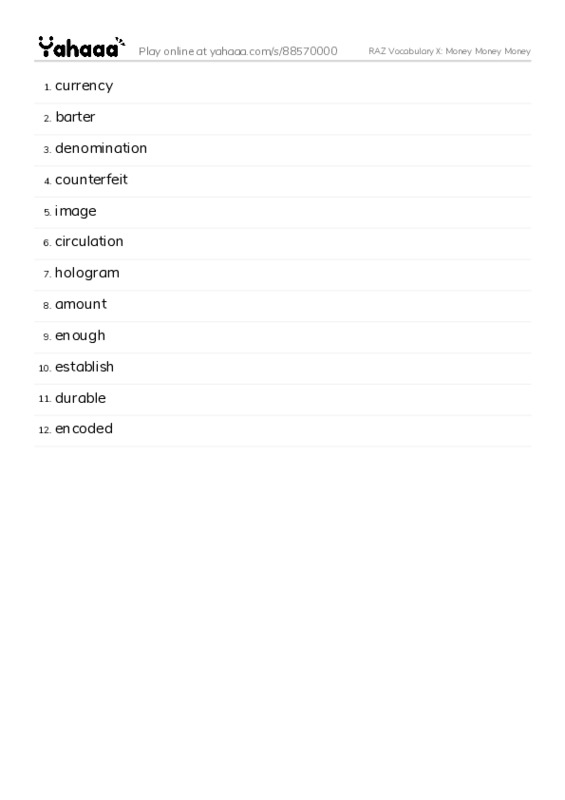 RAZ Vocabulary X: Money Money Money PDF words glossary