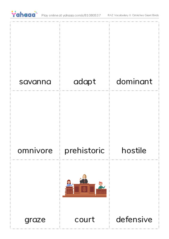 RAZ Vocabulary X: Ostriches Giant Birds PDF flaschards with images