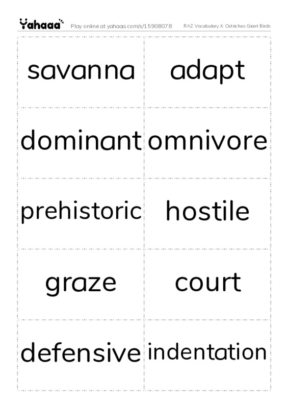 RAZ Vocabulary X: Ostriches Giant Birds PDF two columns flashcards