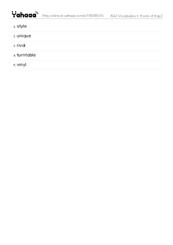 RAZ Vocabulary X: Roots of Rap2 PDF words glossary