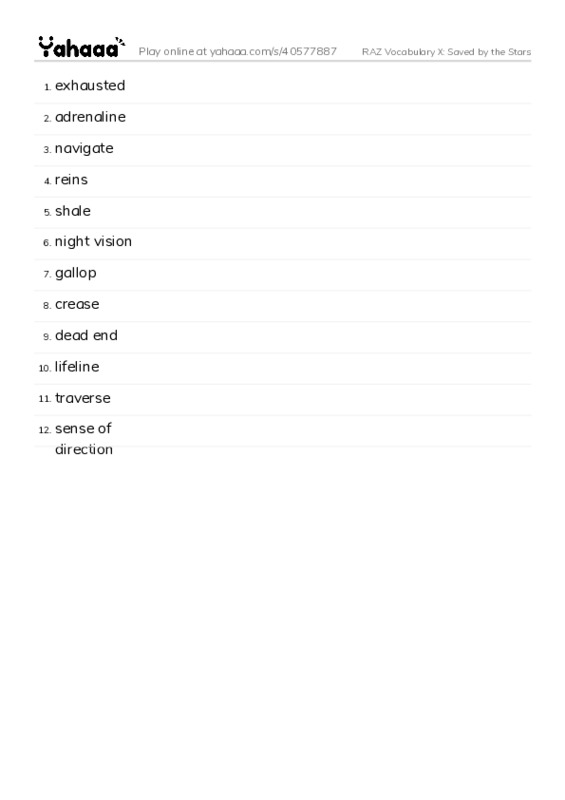 RAZ Vocabulary X: Saved by the Stars PDF words glossary