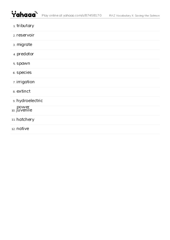 RAZ Vocabulary X: Saving the Salmon PDF words glossary