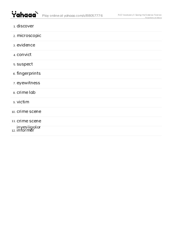RAZ Vocabulary X: Seeing the Evidence Forensic Scientists at Work PDF words glossary