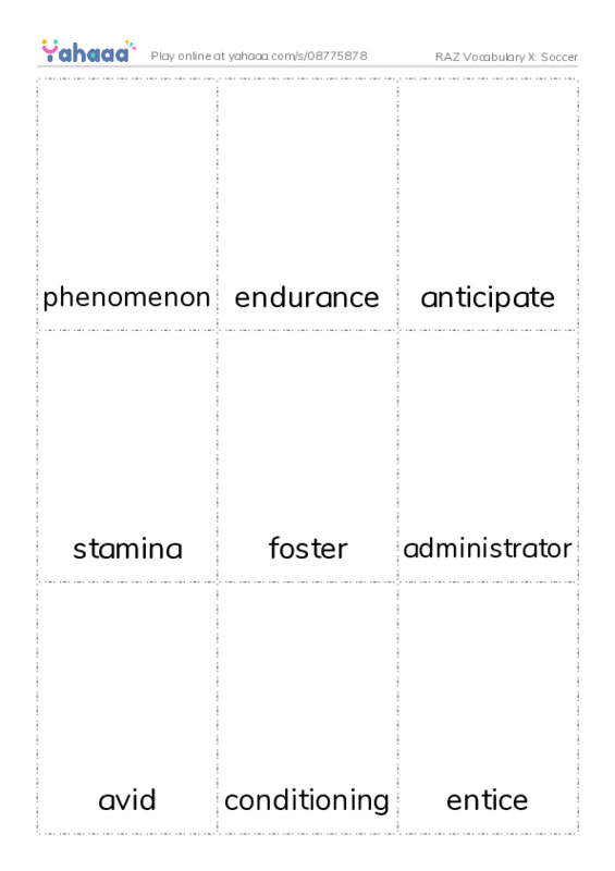 RAZ Vocabulary X: Soccer PDF flaschards with images