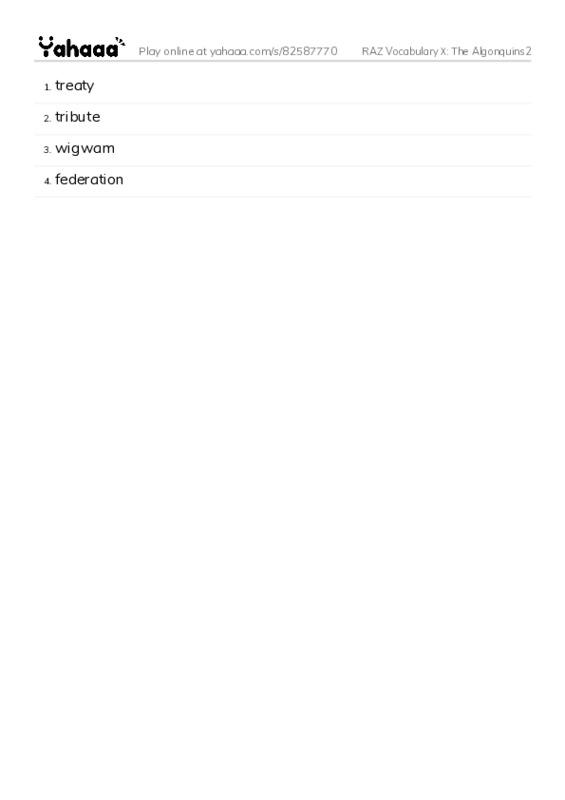RAZ Vocabulary X: The Algonquins2 PDF words glossary