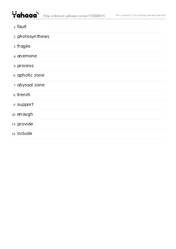 RAZ Vocabulary X: The Amazing Undersea Food Web PDF words glossary