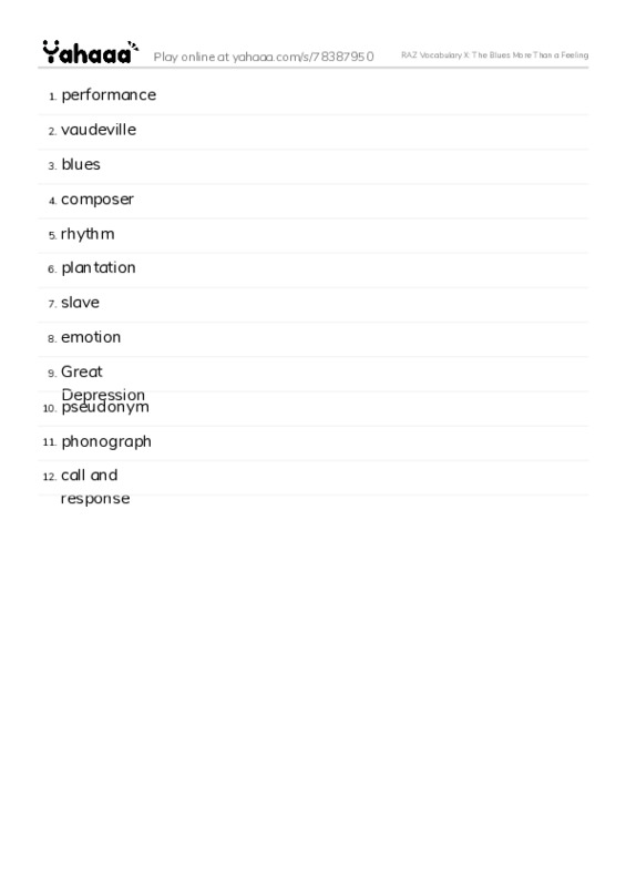 RAZ Vocabulary X: The Blues More Than a Feeling PDF words glossary
