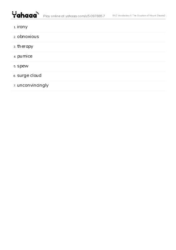 RAZ Vocabulary X: The Eruption of Mount Shasta2 PDF words glossary