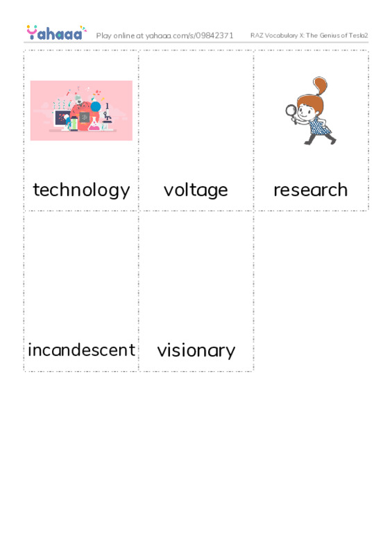 RAZ Vocabulary X: The Genius of Tesla2 PDF flaschards with images
