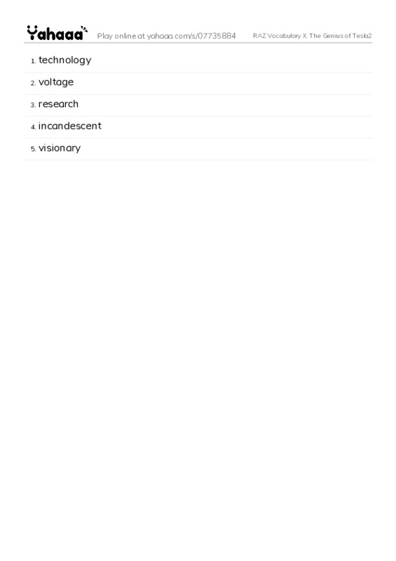 RAZ Vocabulary X: The Genius of Tesla2 PDF words glossary