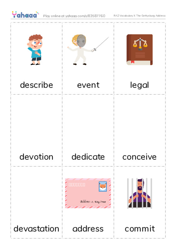 RAZ Vocabulary X: The Gettysburg Address PDF flaschards with images