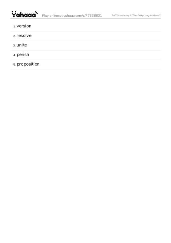 RAZ Vocabulary X: The Gettysburg Address2 PDF words glossary