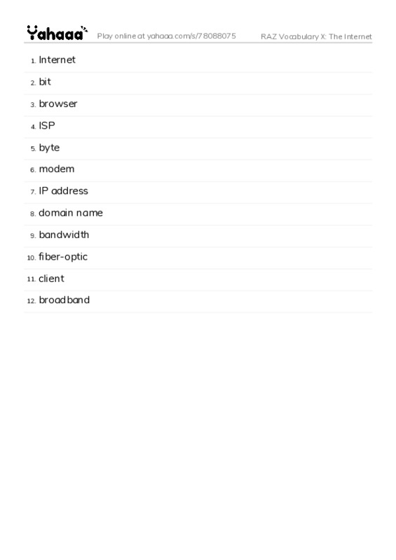 RAZ Vocabulary X: The Internet PDF words glossary