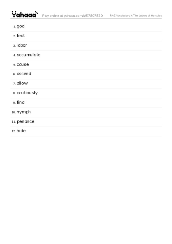 RAZ Vocabulary X: The Labors of Hercules PDF words glossary