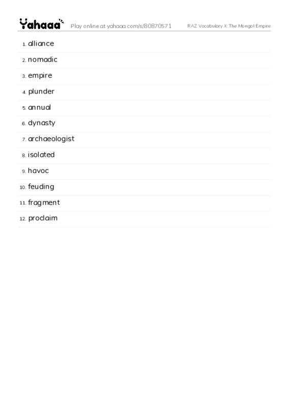 RAZ Vocabulary X: The Mongol Empire PDF words glossary