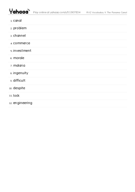 RAZ Vocabulary X: The Panama Canal PDF words glossary
