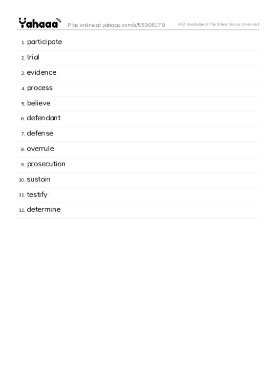 RAZ Vocabulary X: The School Versus James Holt PDF words glossary