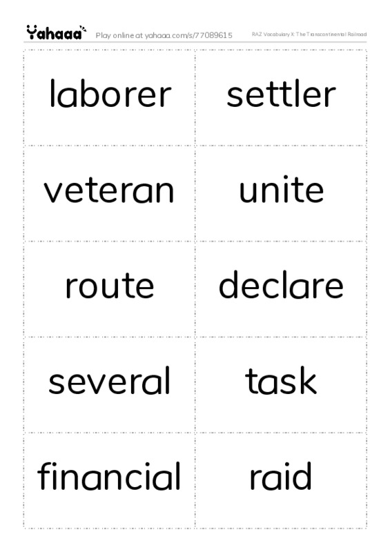 RAZ Vocabulary X: The Transcontinental Railroad PDF two columns flashcards