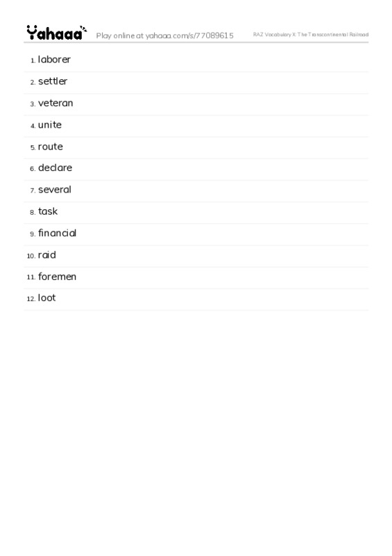 RAZ Vocabulary X: The Transcontinental Railroad PDF words glossary