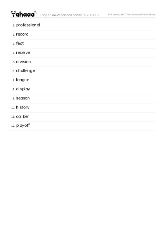 RAZ Vocabulary X: The Wonderful World Series PDF words glossary