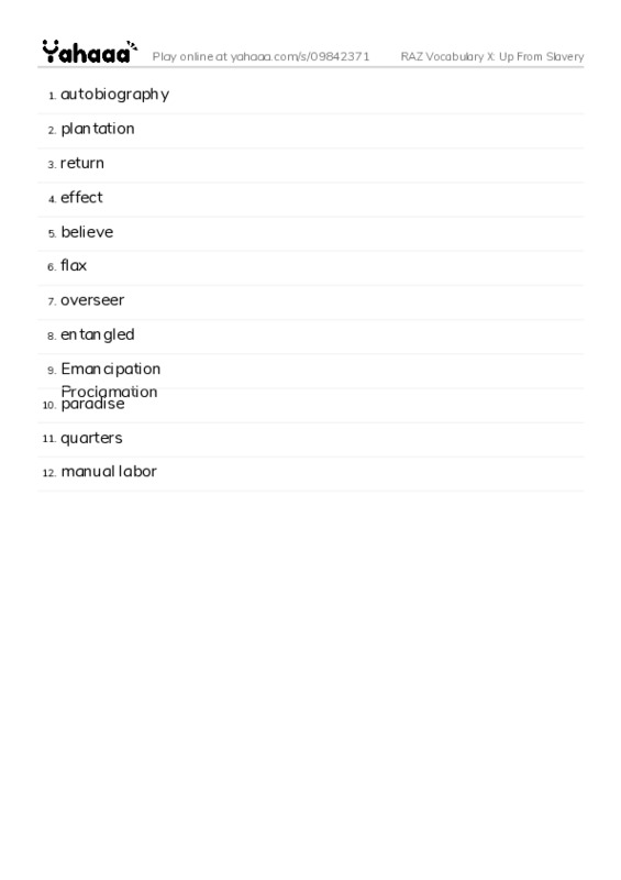 RAZ Vocabulary X: Up From Slavery PDF words glossary