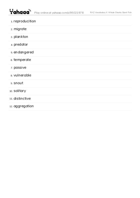 RAZ Vocabulary X: Whale Sharks Giant Fish PDF words glossary