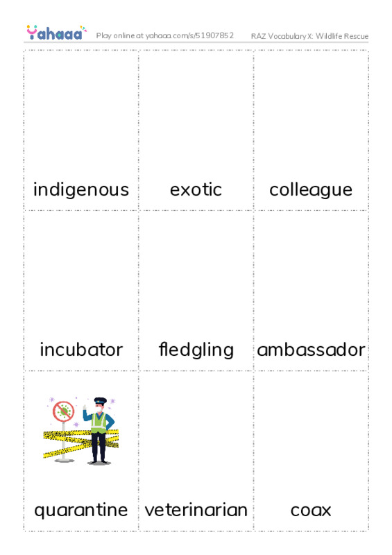 RAZ Vocabulary X: Wildlife Rescue PDF flaschards with images