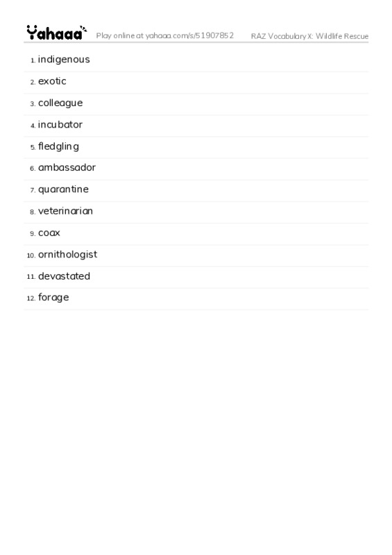 RAZ Vocabulary X: Wildlife Rescue PDF words glossary