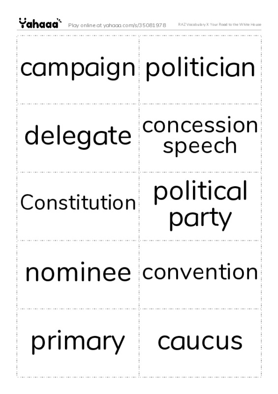 RAZ Vocabulary X: Your Road to the White House PDF two columns flashcards