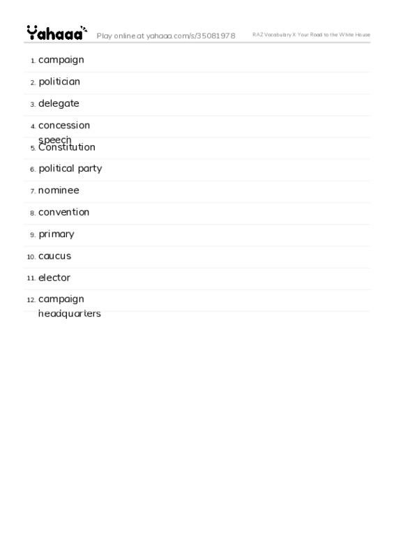 RAZ Vocabulary X: Your Road to the White House PDF words glossary
