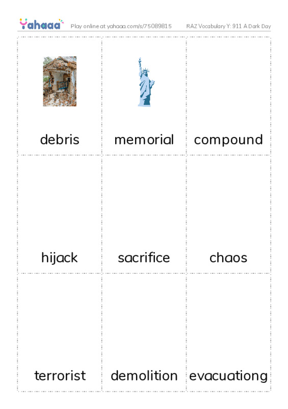 RAZ Vocabulary Y: 911 A Dark Day PDF flaschards with images