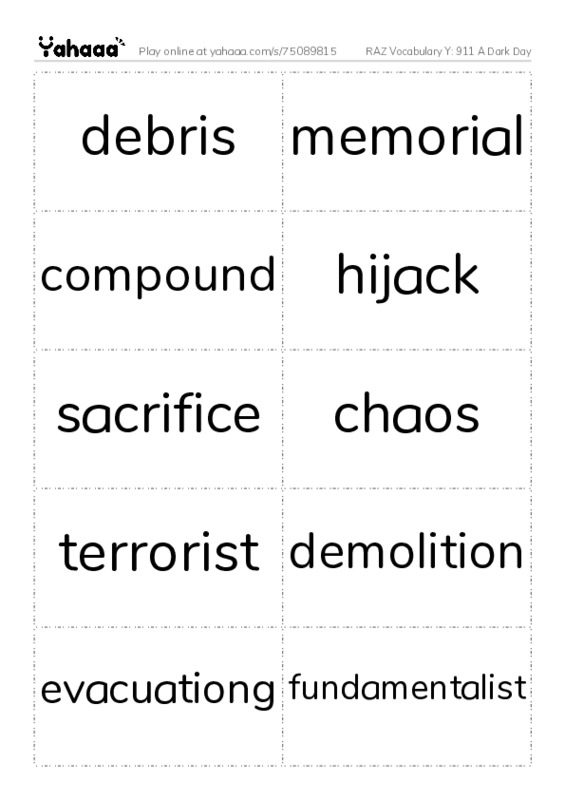 RAZ Vocabulary Y: 911 A Dark Day PDF two columns flashcards