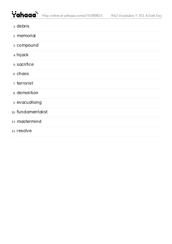 RAZ Vocabulary Y: 911 A Dark Day PDF words glossary
