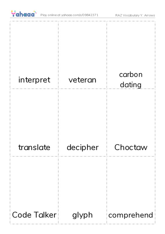 RAZ Vocabulary Y: Arrows PDF flaschards with images