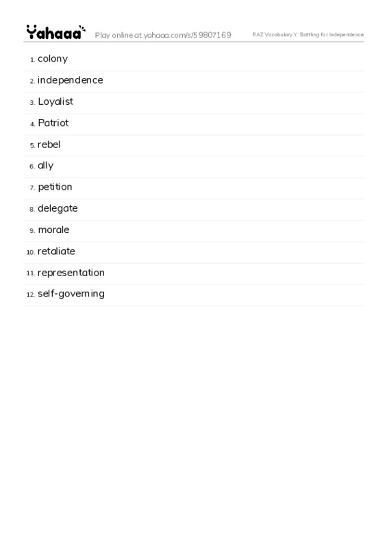 RAZ Vocabulary Y: Battling for Independence PDF words glossary