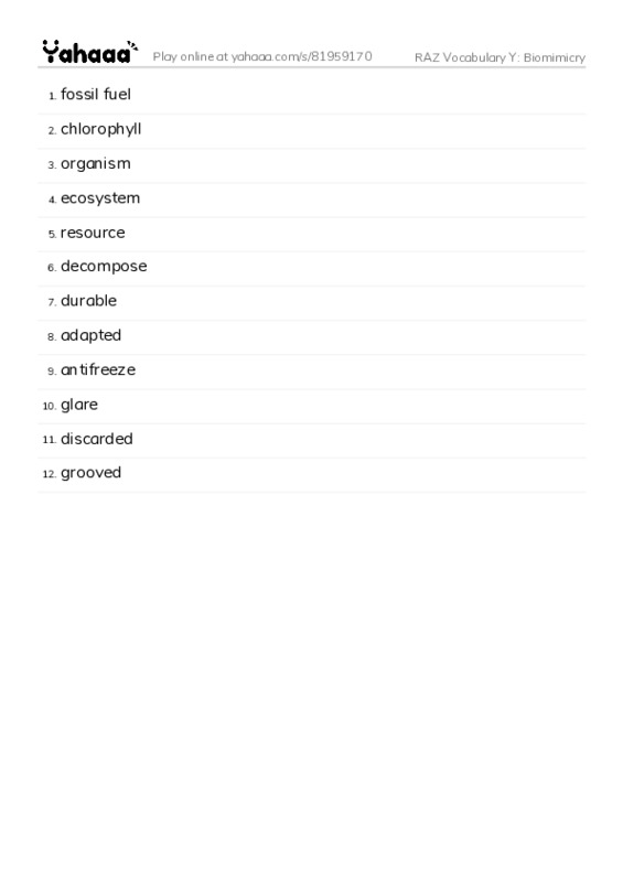 RAZ Vocabulary Y: Biomimicry PDF words glossary