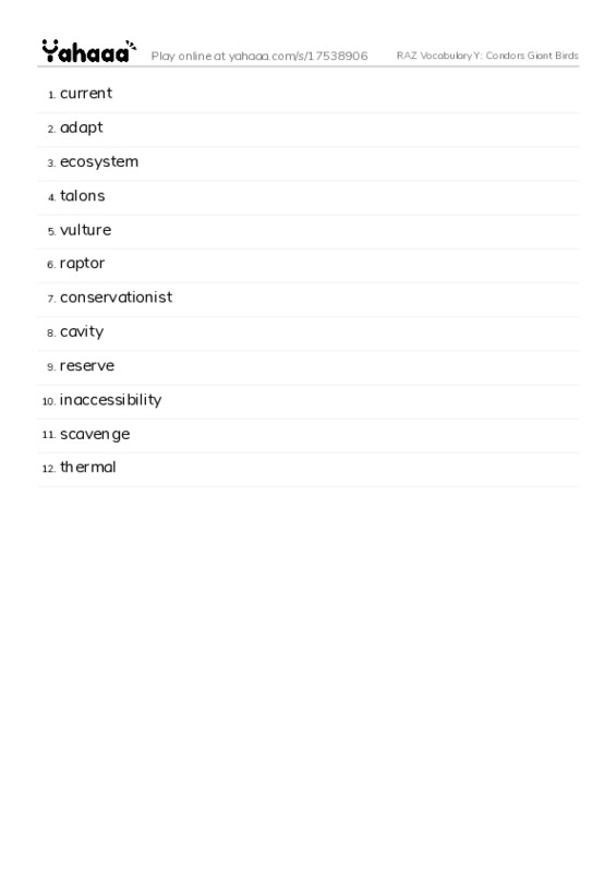 RAZ Vocabulary Y: Condors Giant Birds PDF words glossary