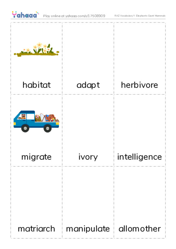 RAZ Vocabulary Y: Elephants Giant Mammals PDF flaschards with images