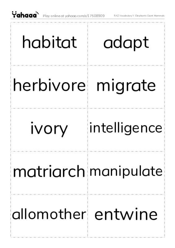 RAZ Vocabulary Y: Elephants Giant Mammals PDF two columns flashcards
