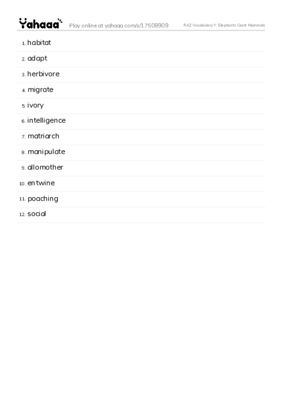 RAZ Vocabulary Y: Elephants Giant Mammals PDF words glossary