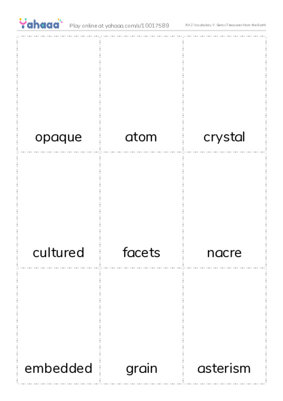 RAZ Vocabulary Y: Gems Treasures from the Earth PDF flaschards with images