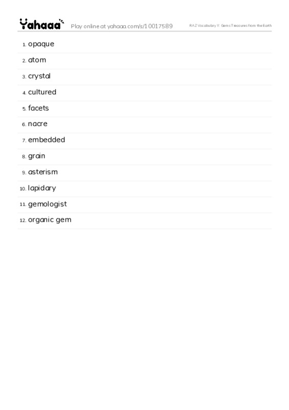 RAZ Vocabulary Y: Gems Treasures from the Earth PDF words glossary