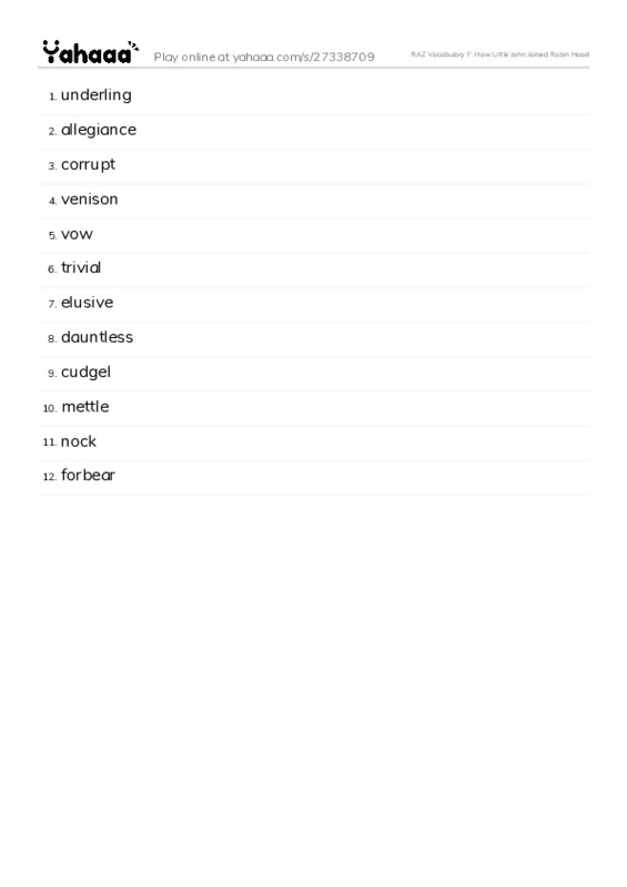 RAZ Vocabulary Y: How Little John Joined Robin Hood PDF words glossary