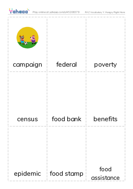 RAZ Vocabulary Y: Hungry Right Here PDF flaschards with images